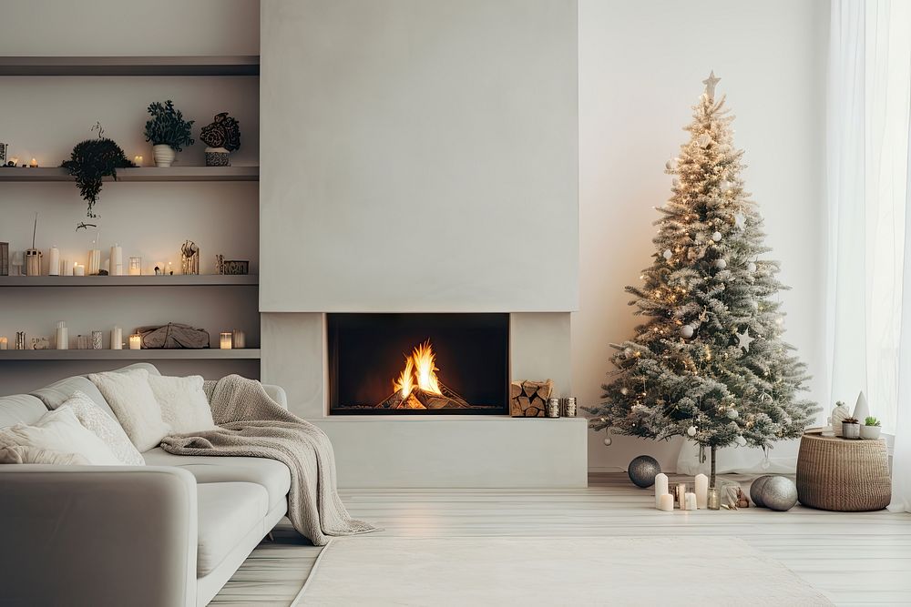 Christmas tree fireplace christmas hearth. AI generated Image by rawpixel.