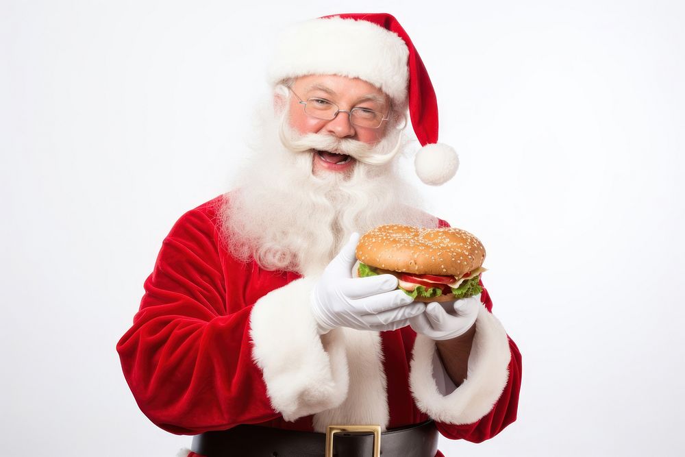 Santa holding hamburger christmas food celebration. AI generated Image by rawpixel.