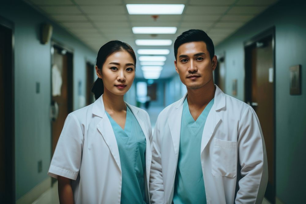 Southeast asian doctors hospital corridor standing. AI generated Image by rawpixel.