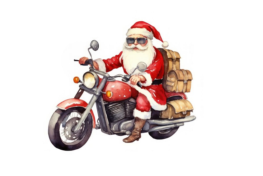 Santa claus wearing sunglasses motorcycle vehicle white background. AI generated Image by rawpixel.