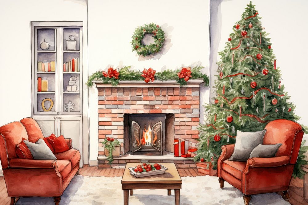 Christmas home architecture fireplace furniture. AI generated Image by rawpixel.