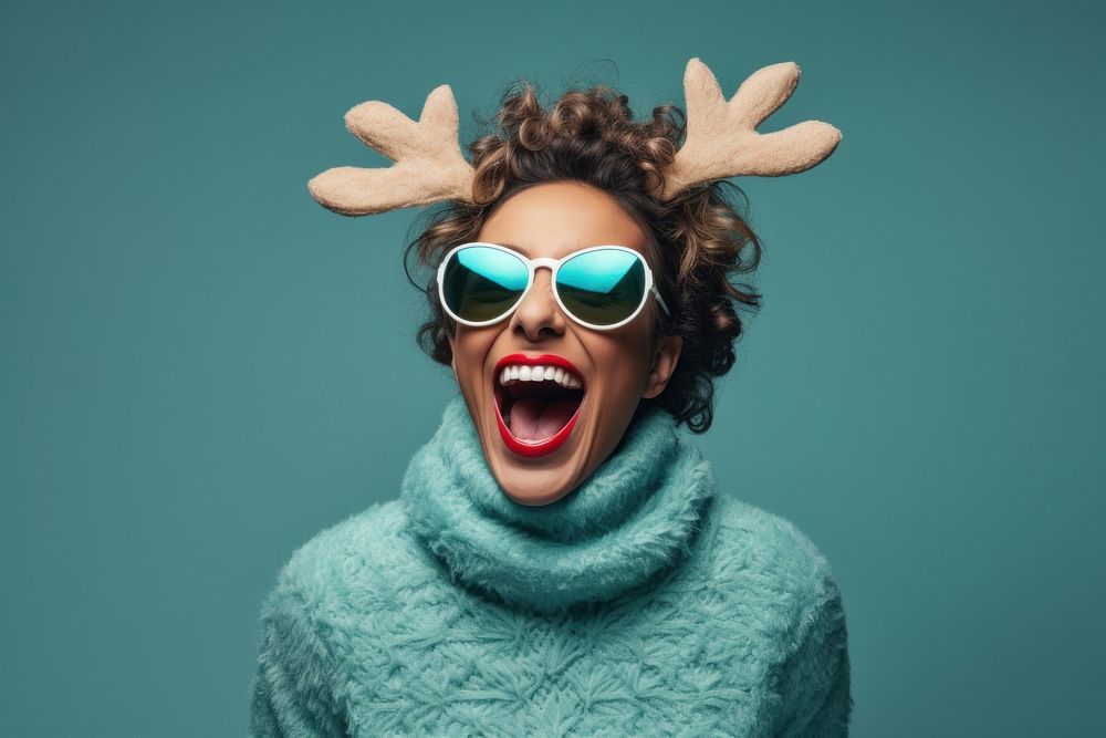 Reindeer shouting laughing glasses. AI generated Image by rawpixel.