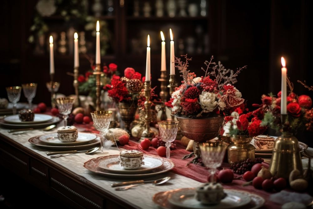 Aesthetic Christmas table christmas candle flower. AI generated Image by rawpixel.