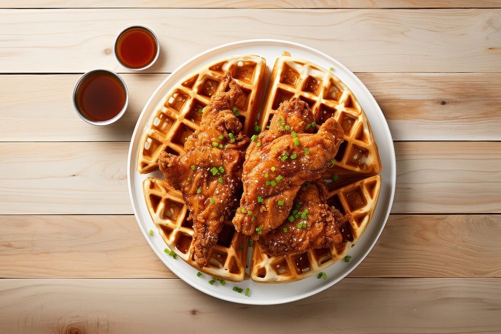 Chicken waffle food table meal. AI generated Image by rawpixel.