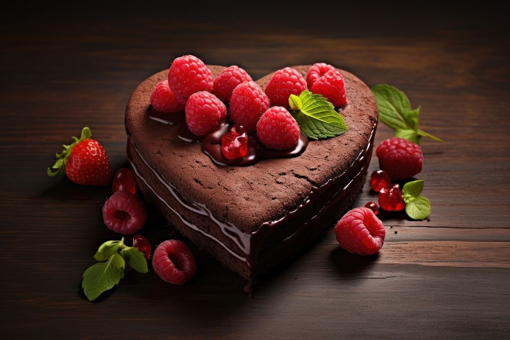 Heart-shaped chocolate cake food raspberry dessert. AI generated Image by rawpixel.