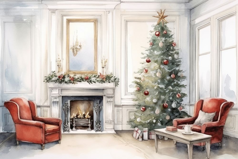 Christmas home fireplace furniture indoors. AI generated Image by rawpixel.