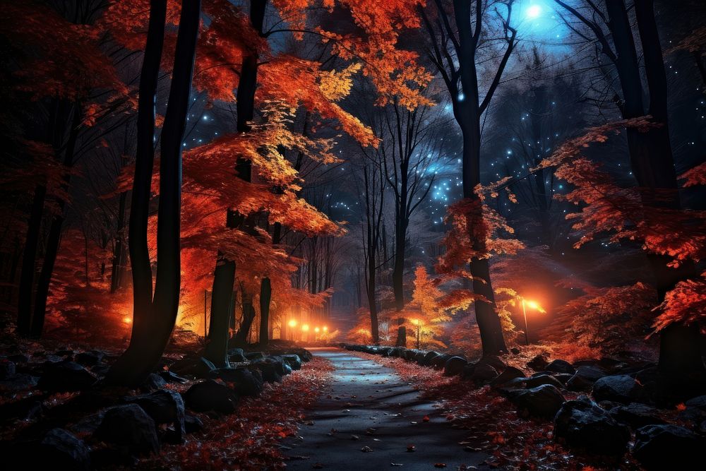 Colorful autumn forest night plant light. AI generated Image by rawpixel.