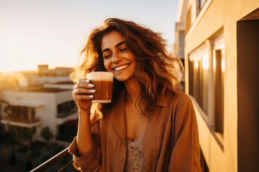 Hispanic woman drinking coffee laughing smile. AI generated Image by rawpixel.