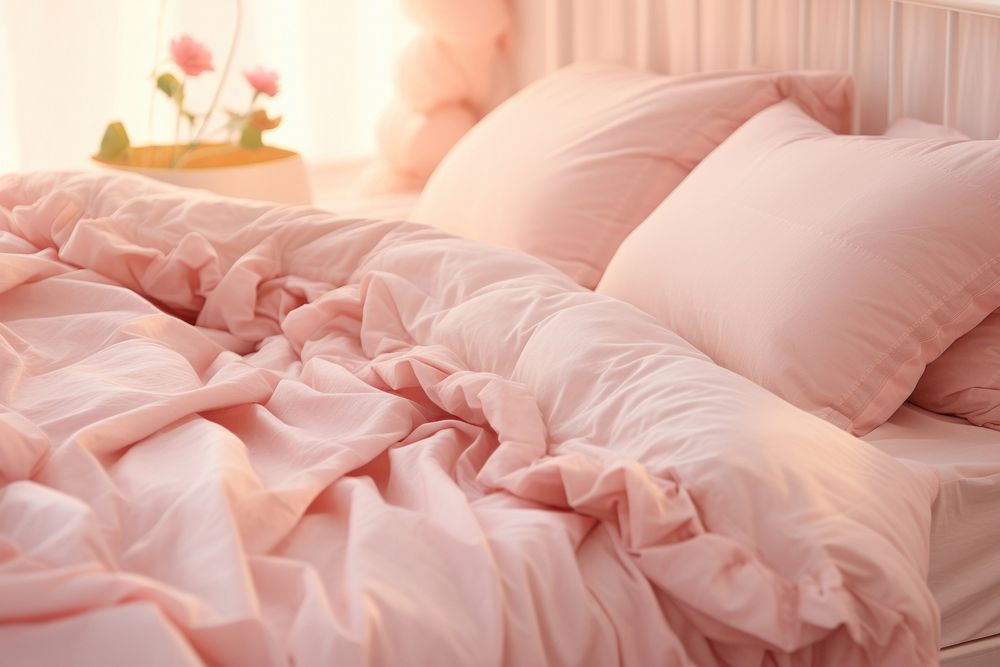Cute pastel pink bed furniture blanket pillow. AI generated Image by rawpixel.