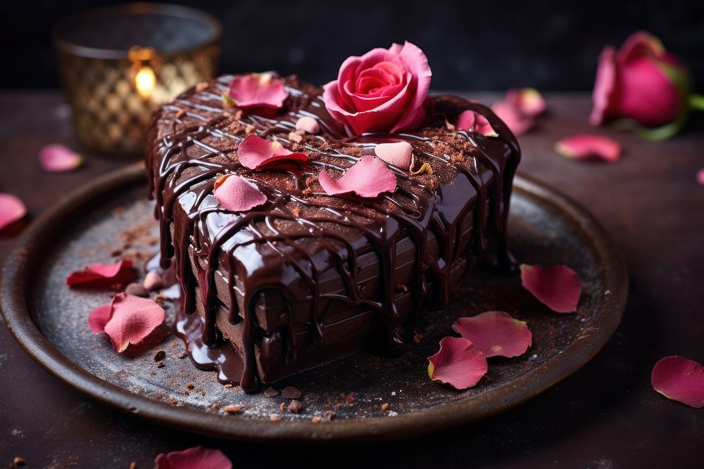 Heart-shaped chocolate cake rose dessert flower. AI generated Image by rawpixel.