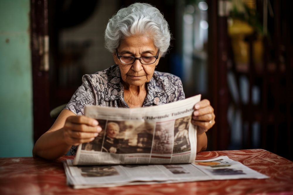 Mature Mexican woman reading newspaper glasses. AI generated Image by rawpixel.