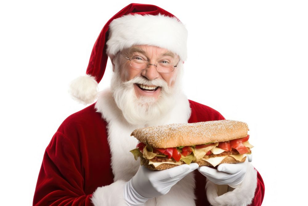 Santa claus holding BLT sandwich christmas food white background. AI generated Image by rawpixel.