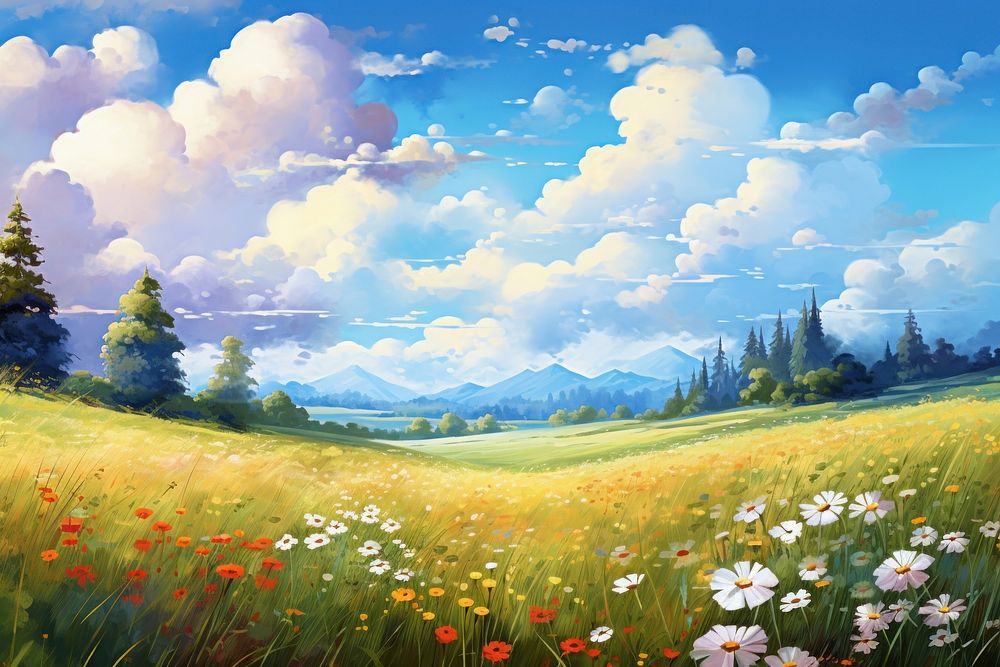 Sunny meadow landscape grassland outdoors painting. AI generated Image by rawpixel.