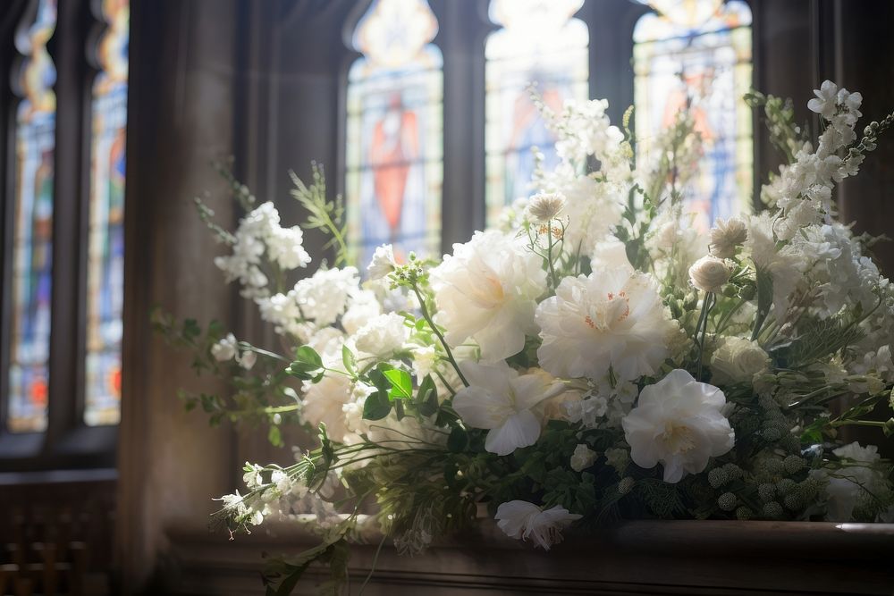 White flower bouquet inside church window plant spirituality. AI generated Image by rawpixel.
