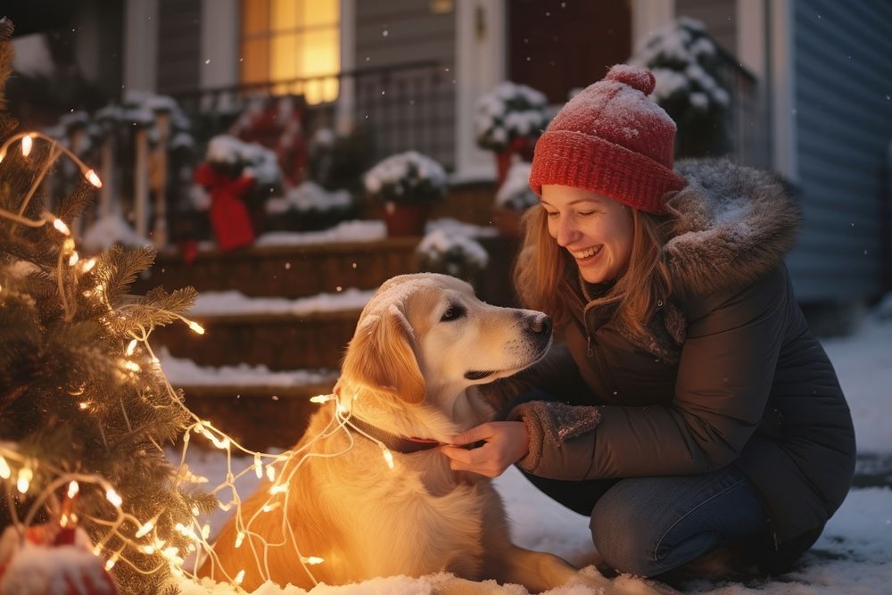 Woman untangling christmas lights snow retriever outdoors. AI generated Image by rawpixel.