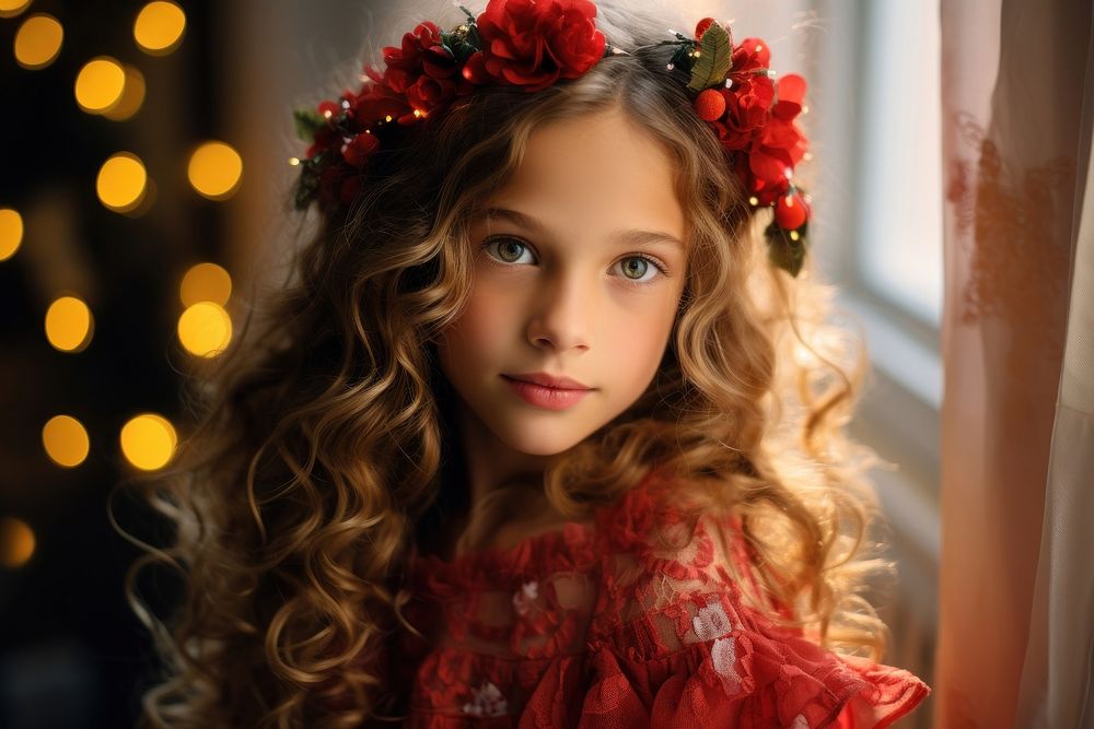A young girl wearing a christmas lace lights portrait child photo. AI generated Image by rawpixel.