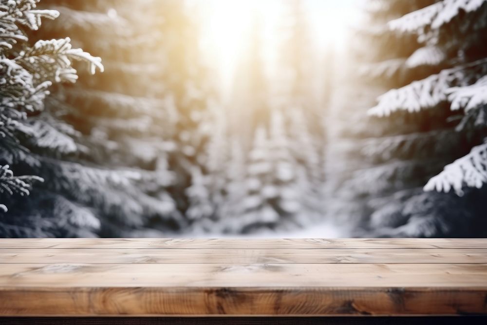 Empty light brown wooden forest table snow. AI generated Image by rawpixel.