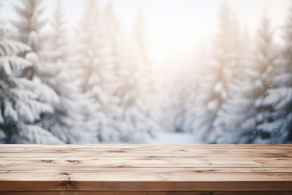 Empty light brown wooden forest table snow. 