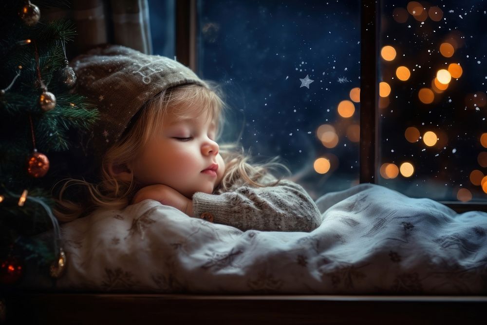 Portrait christmas sleeping window. AI generated Image by rawpixel.