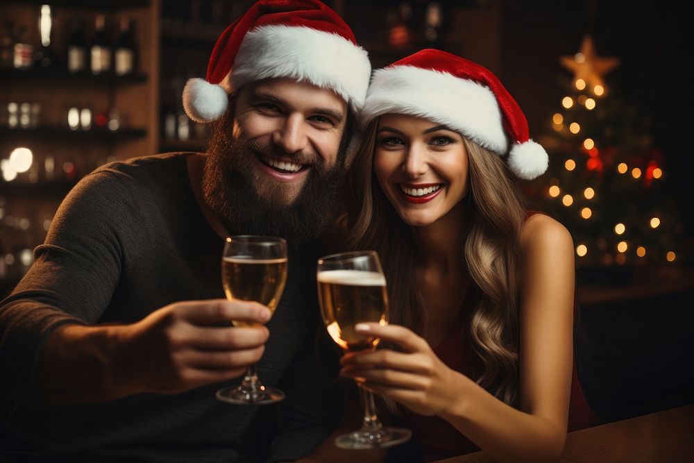 A couple wearing Santa hats party christmas glass. AI generated Image by rawpixel.