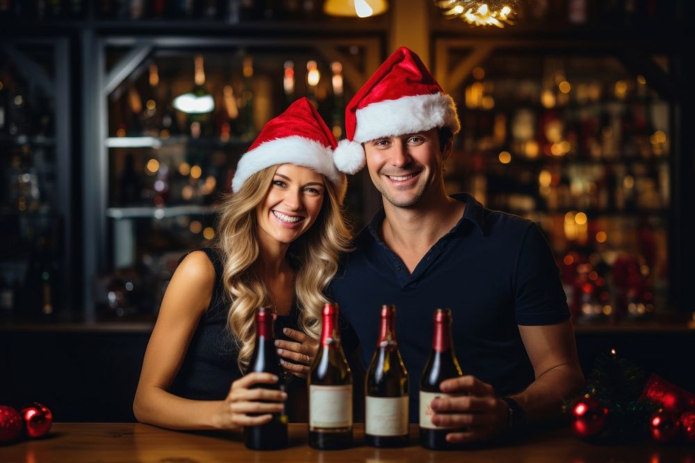 A couple wearing Santa hats bottle party christmas. AI generated Image by rawpixel.