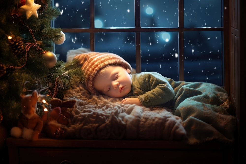 Christmas sleeping baby illuminated. AI generated Image by rawpixel.