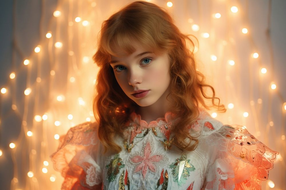 A young girl wearing a christmas lace lights portrait dress photo. AI generated Image by rawpixel.