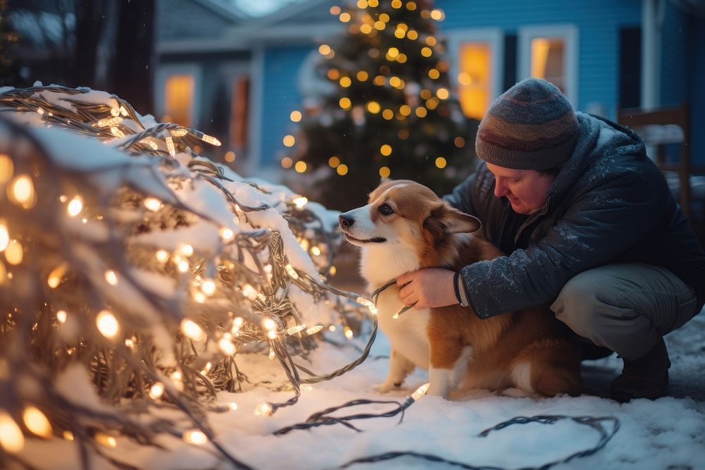 Man untangling christmas lights snow outdoors mammal. AI generated Image by rawpixel.