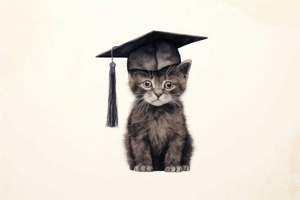Kitten graduation portrait drawing. AI generated Image by rawpixel.
