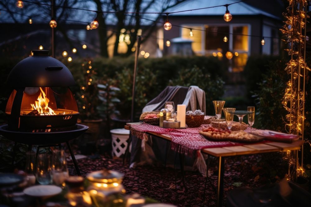 Outdoors fireplace furniture backyard. AI generated Image by rawpixel.