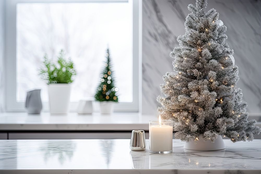 White marble countertop christmas window plant. AI generated Image by rawpixel.