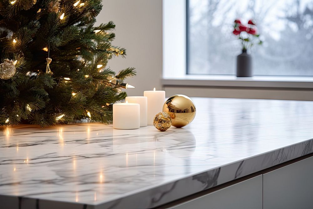 White marble countertop christmas candle tree. AI generated Image by rawpixel.