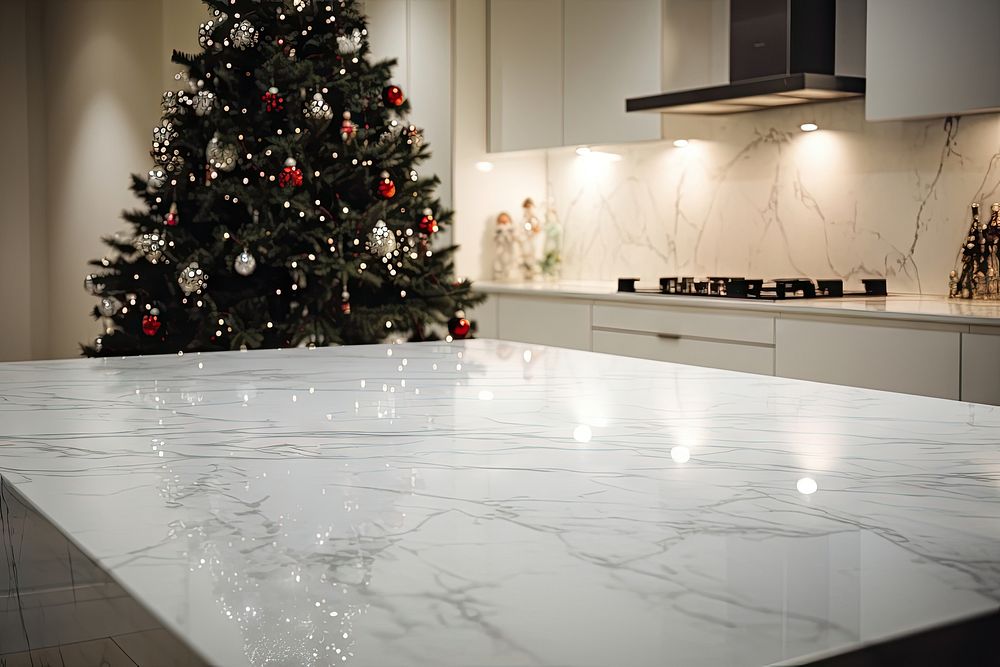 White marble countertop christmas kitchen tree. AI generated Image by rawpixel.