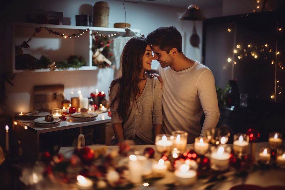 Young couple have romantic dinner christmas lighting candle. AI generated Image by rawpixel.