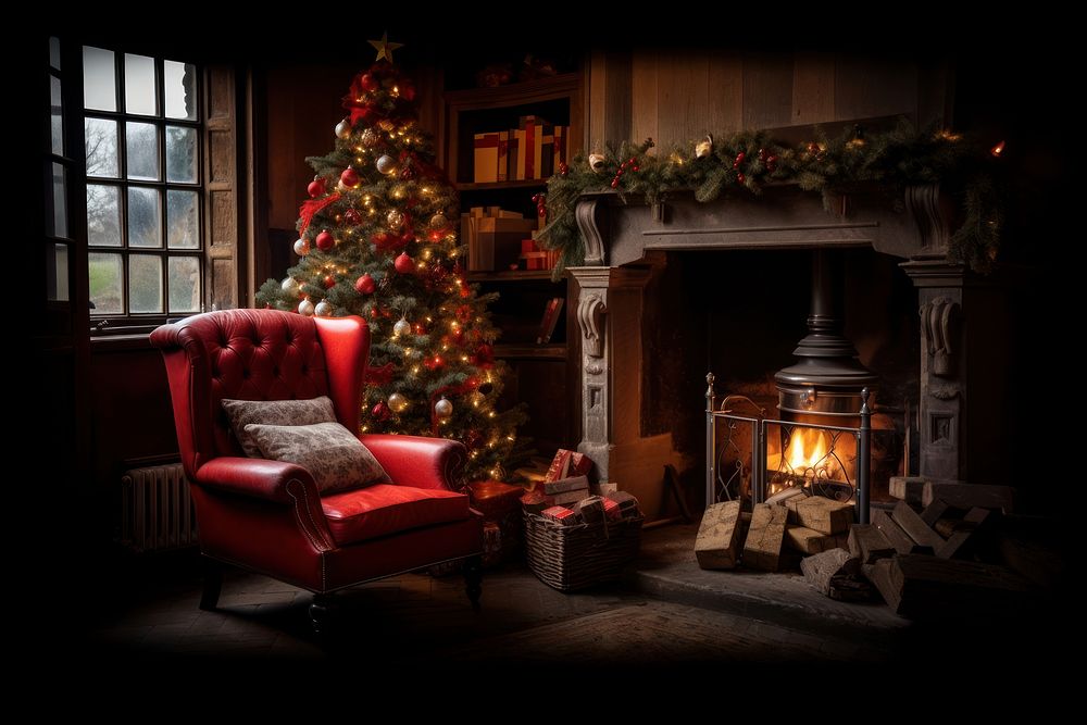 Christmas tree chair fireplace furniture. AI generated Image by rawpixel.