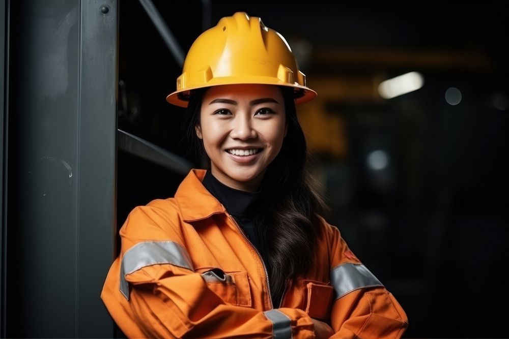 Thai woman smiling hardhat helmet. AI generated Image by rawpixel.