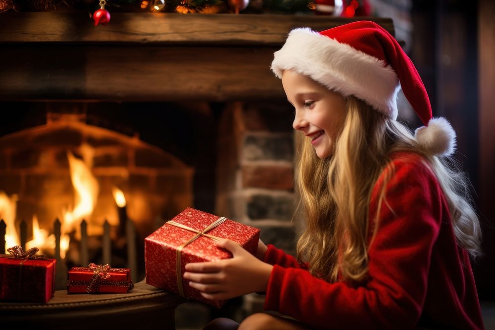 Young girl fireplace christmas decoration. AI generated Image by rawpixel.