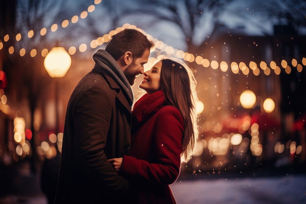 Christmas outdoors kissing adult. AI generated Image by rawpixel.