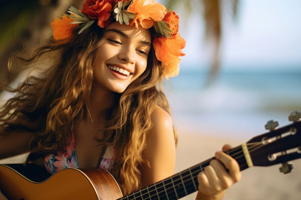 Happy hawaiian girl guitar musician portrait. AI generated Image by rawpixel.