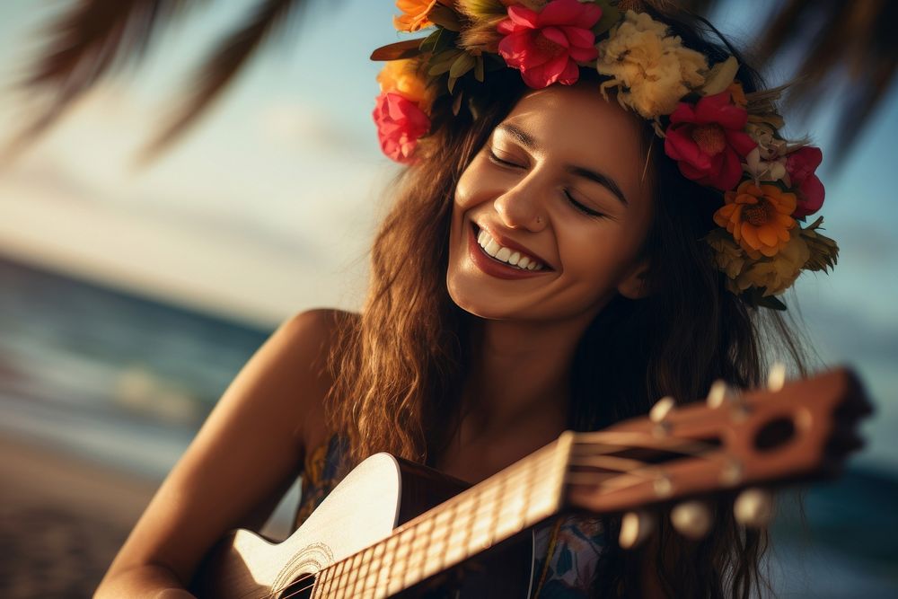Happy hawaiian girl guitar musician portrait. AI generated Image by rawpixel.