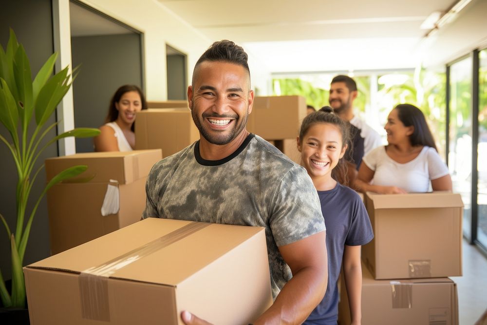 Micronesian family moving home box cardboard adult. AI generated Image by rawpixel.