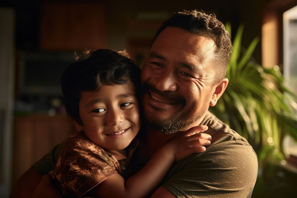 Micronesian father hugging kid portrait family people. AI generated Image by rawpixel.