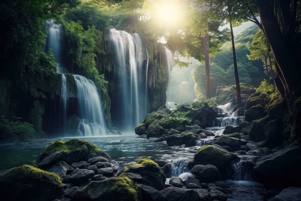 Natural waterfall landscape outdoors woodland nature. AI generated Image by rawpixel.