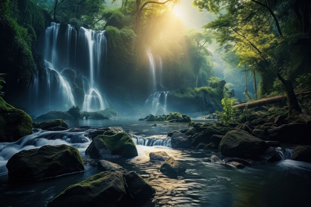 Natural waterfall landscape outdoors woodland nature. AI generated Image by rawpixel.