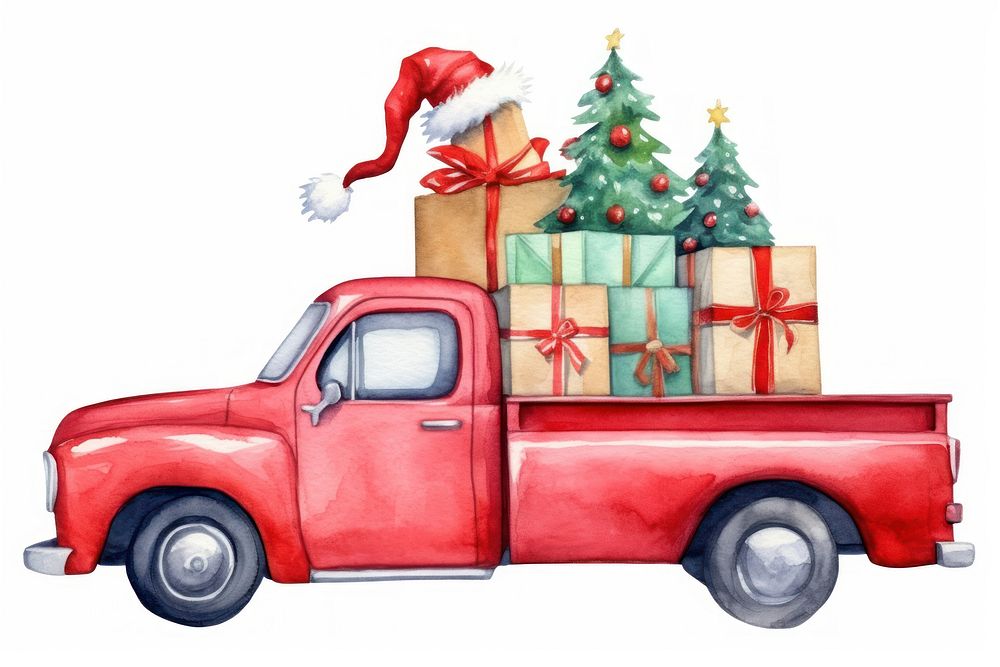 Red pickup truck christmas decoration vehicle. AI generated Image by rawpixel.