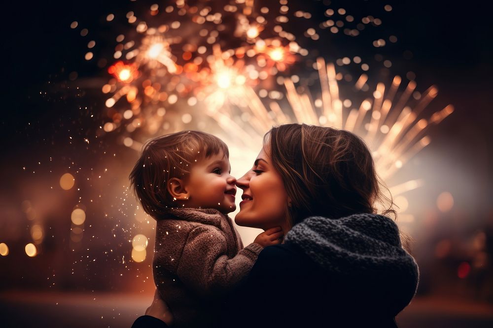 Mother kiss baby son portrait kissing sparks. AI generated Image by rawpixel.