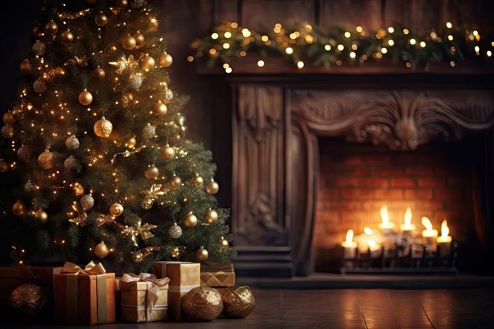Christmas Tree fireplace christmas tree. AI generated Image by rawpixel.