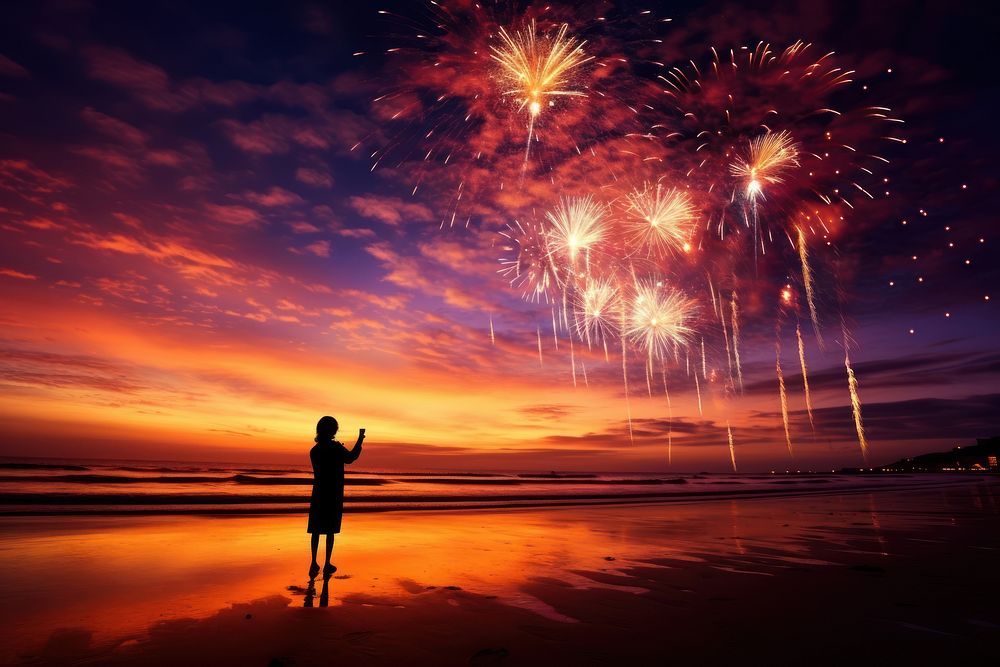 Firework fireworks beach sky. AI generated Image by rawpixel.