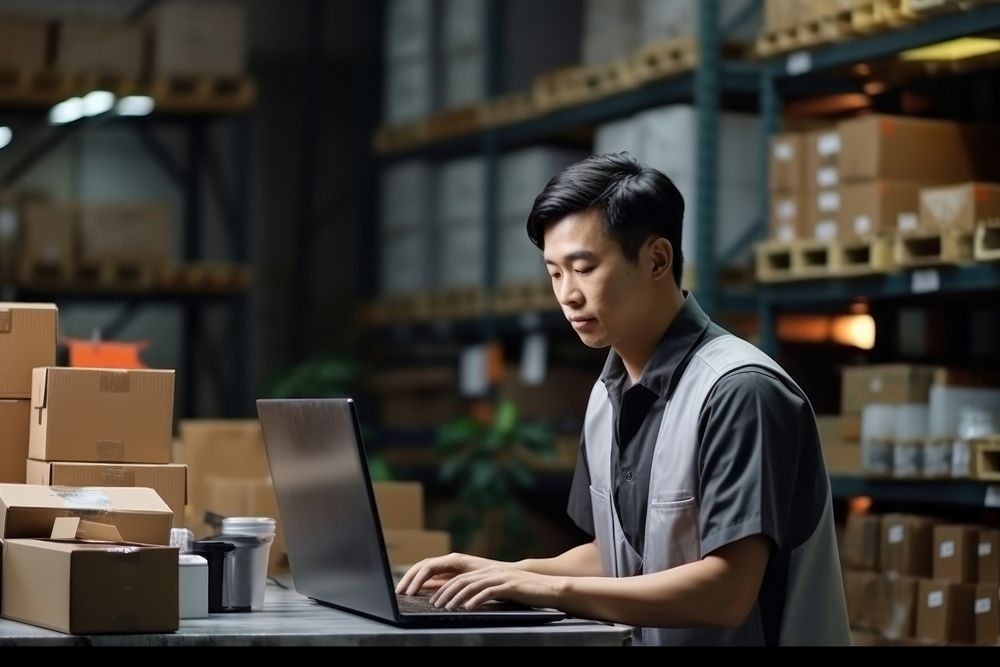 Asian male warehouse worker checking orders at computer workstation laptop concentration entrepreneur. AI generated Image by…