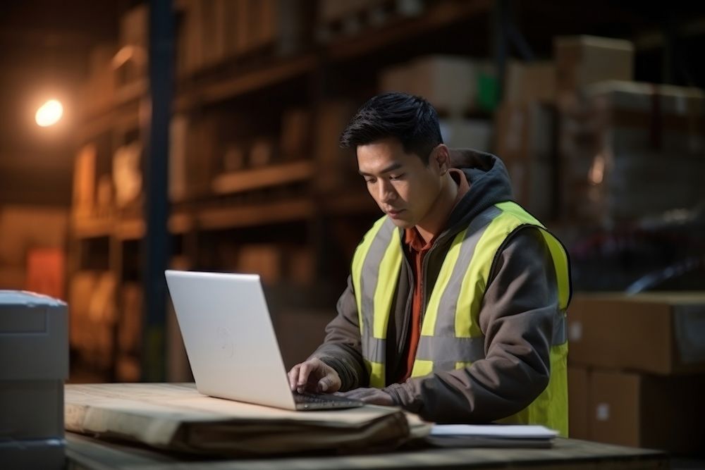 Middle age asian male warehouse worker checking orders at computer workstation laptop adult concentration. 